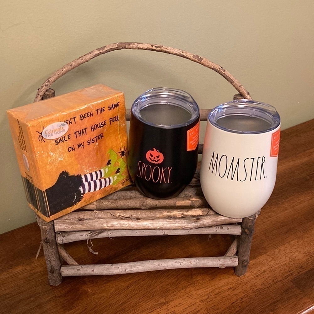 NEW! Rae Dunn "SPOOKY & MOMSTER" Wine Tumblers w/WITCH 40 ct. Cocktail Napkins